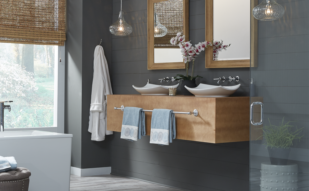 gray waterproof wood-look flooring in bathroom with gray wall plank